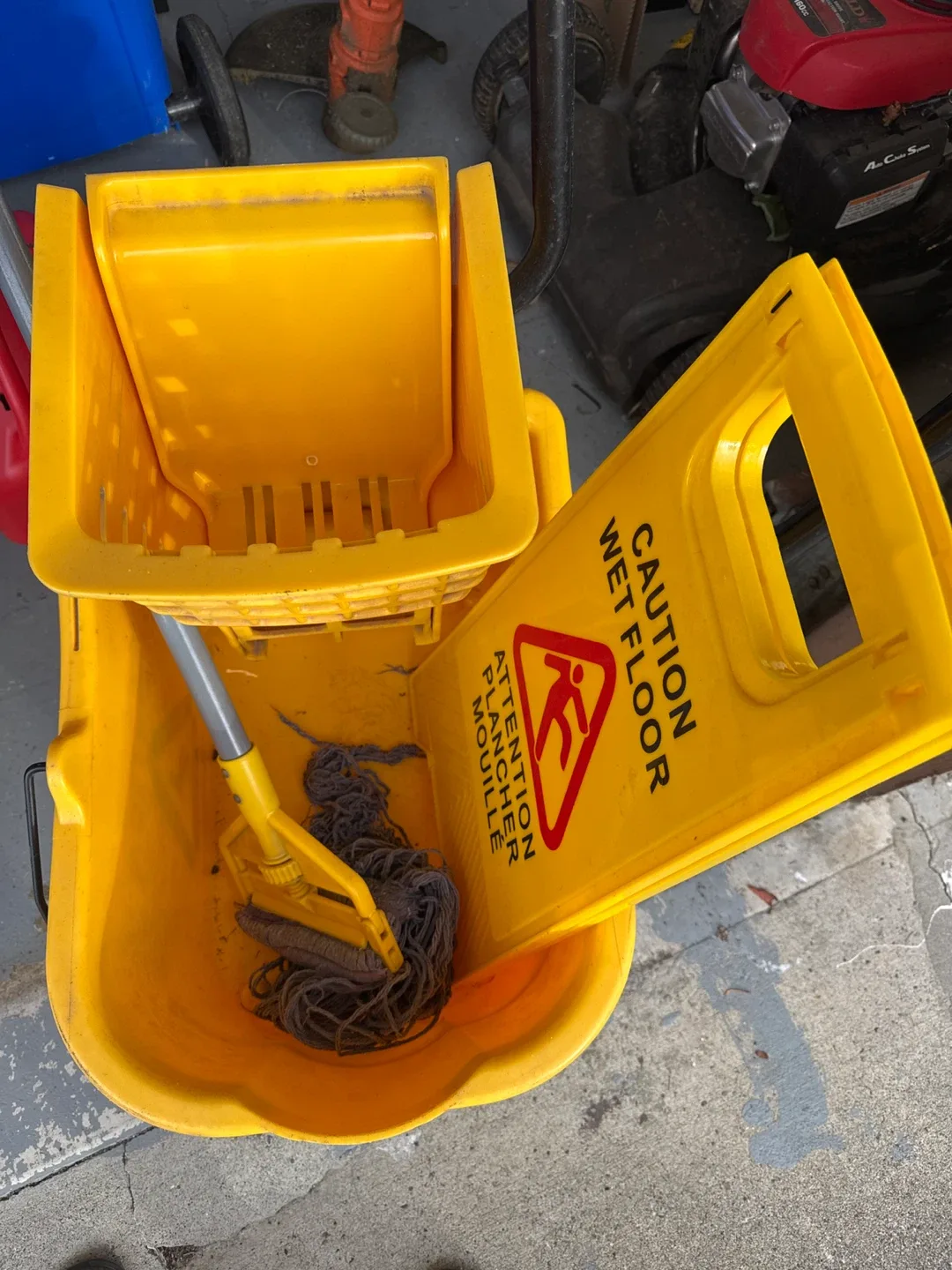 Mop Bucket with Wringer and Caution Sign