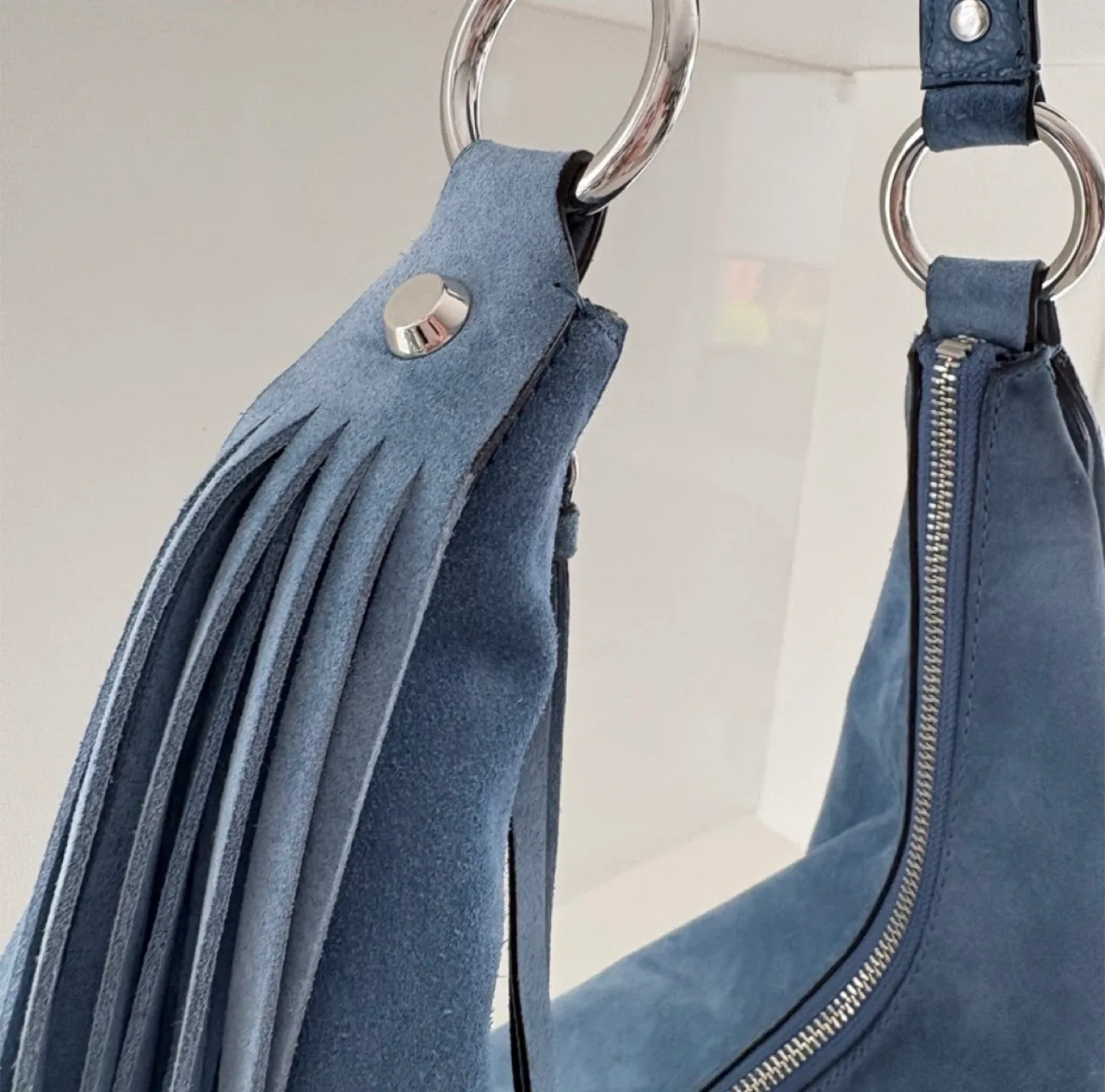 MICHAEL KORS “RHEA” DENIM Blue Suede Shoulder BAG image indicator(5)