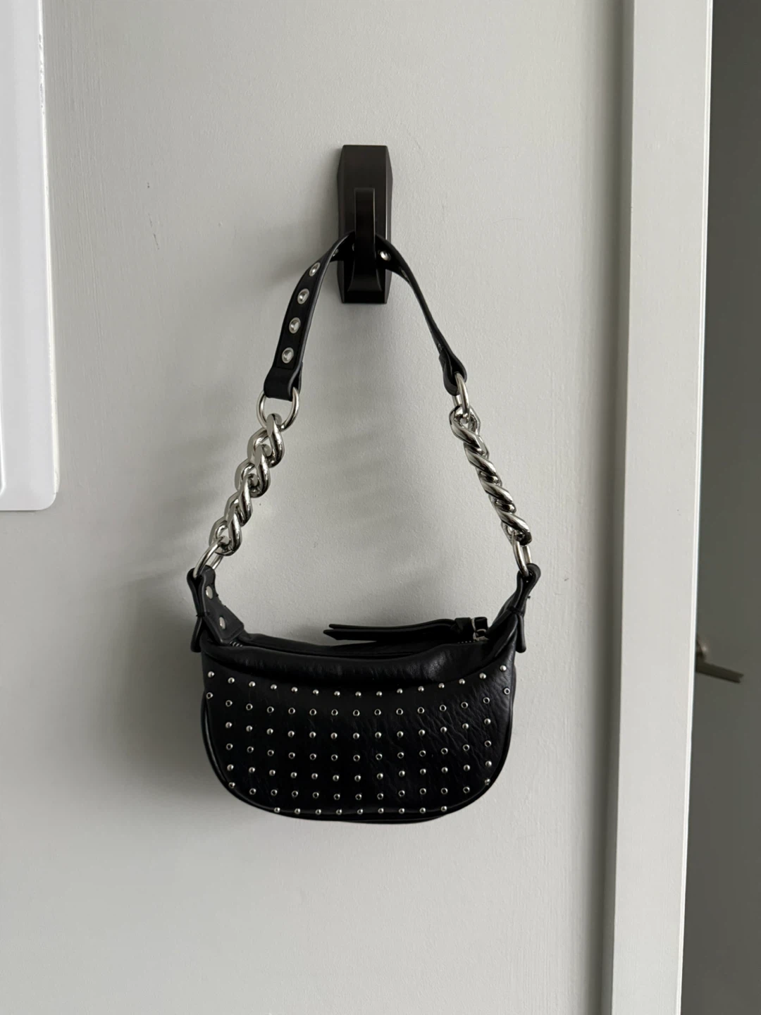 Studded Black Leather Shoulder Bag