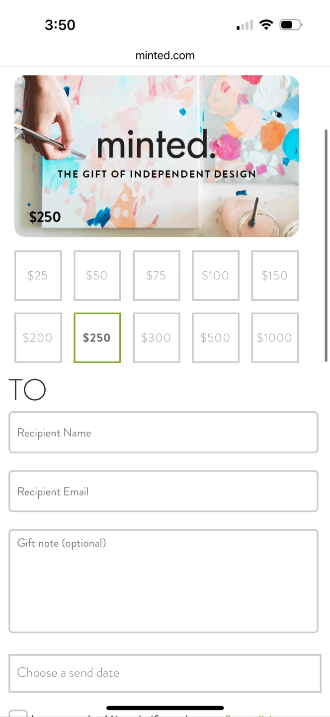 Minted $250 Giftcard for $150