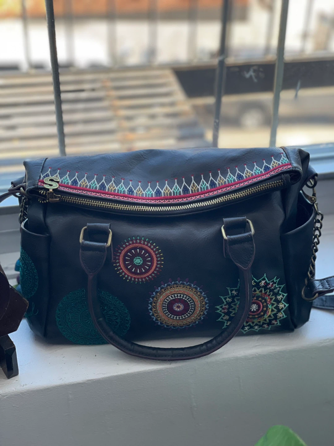 Desigual Black Leather Embroidered Handbag