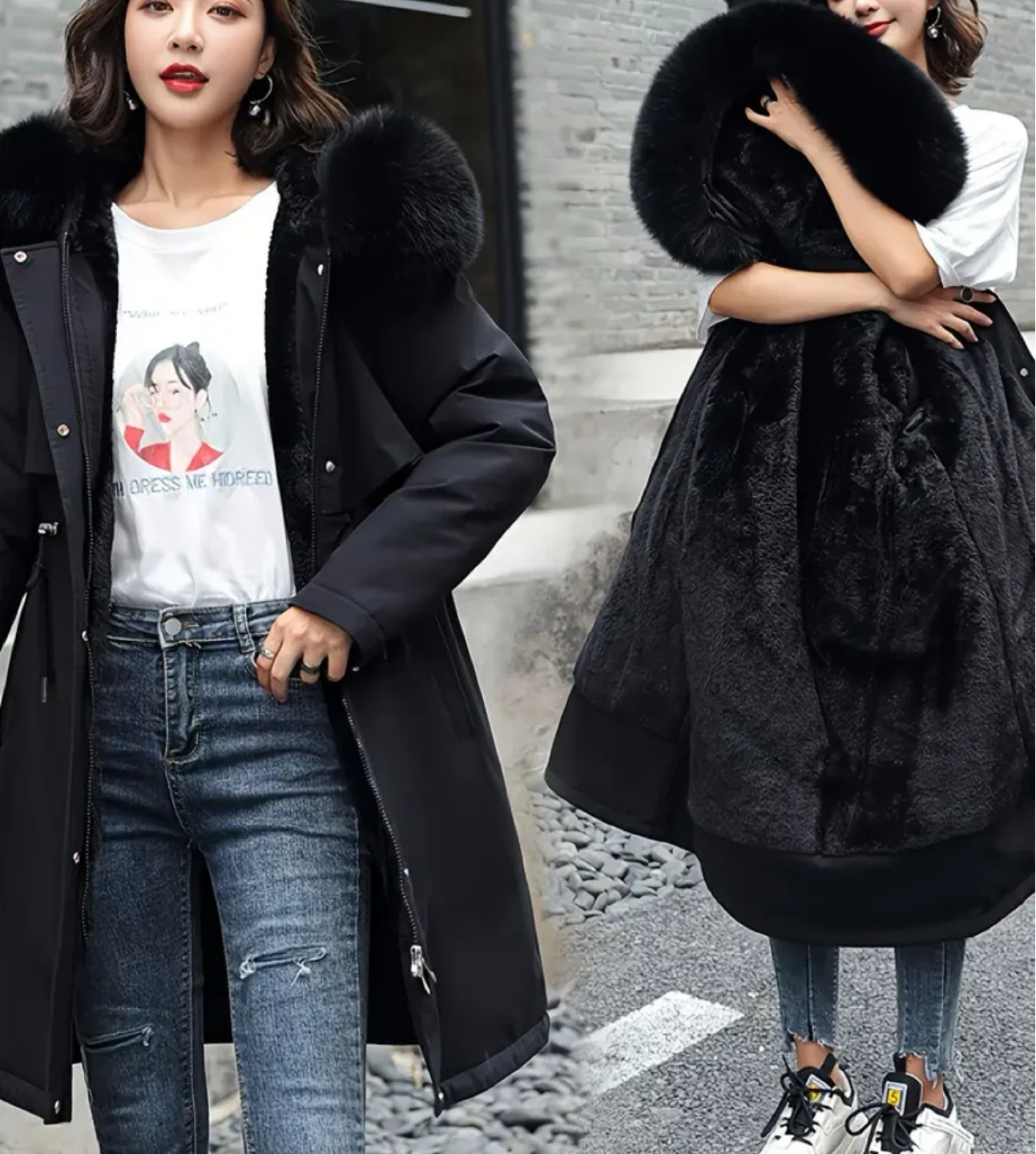 Black Winter Parka with Fur Hood
