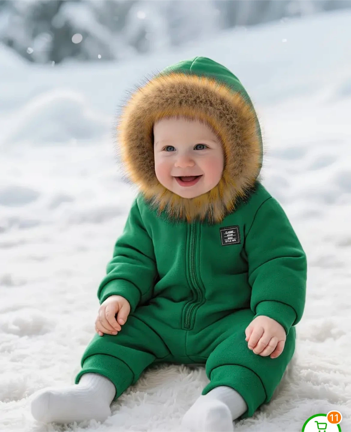 Green Baby Snowsuit with Fur Hood