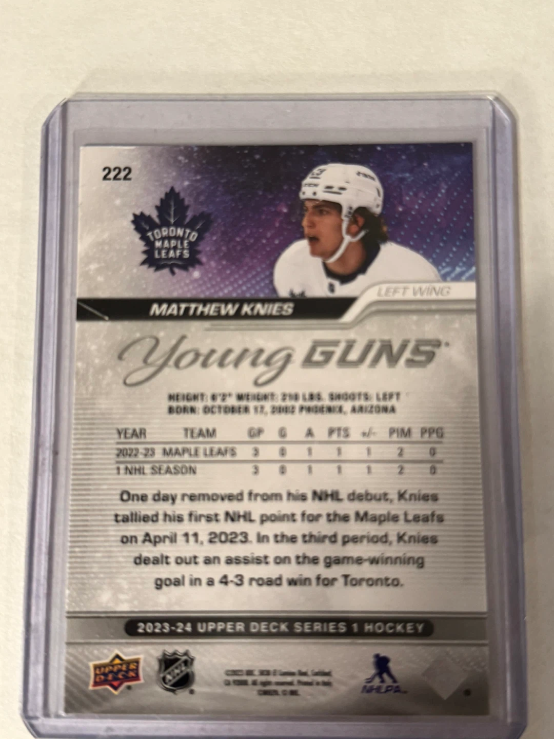 Upper Deck Young Guns Matthew Knies Rookie Card - photo 2