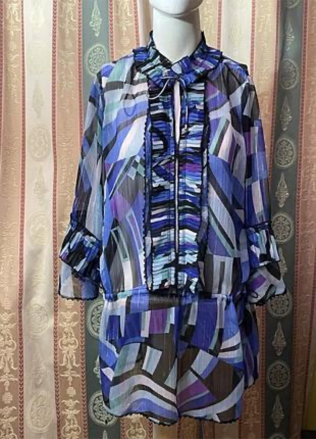 Marc Cain Abstract Print Sheer Ruffled Blouse/Dress size 12 image indicator(3)