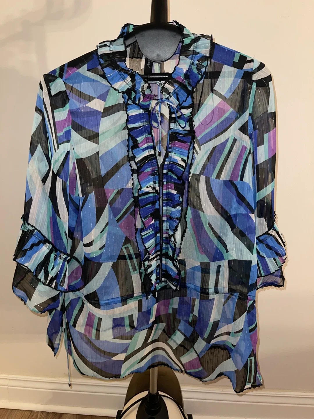 Marc Cain Abstract Print Sheer Ruffled Blouse/Dress size 12 image indicator(4)
