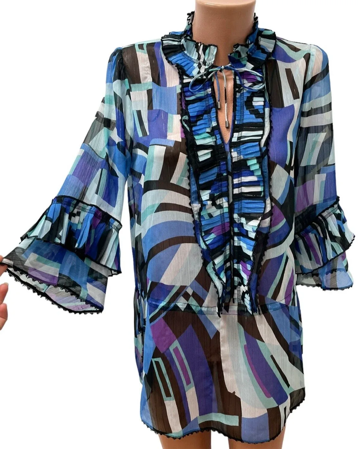 Marc Cain Abstract Print Sheer Ruffled Blouse/Dress size 12