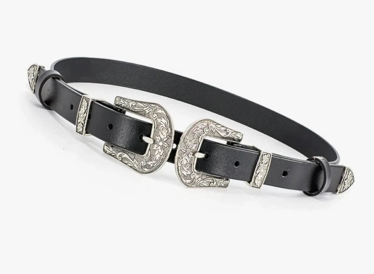 Pieces Black Double Buckle Belt with Silver Accents image indicator(2)