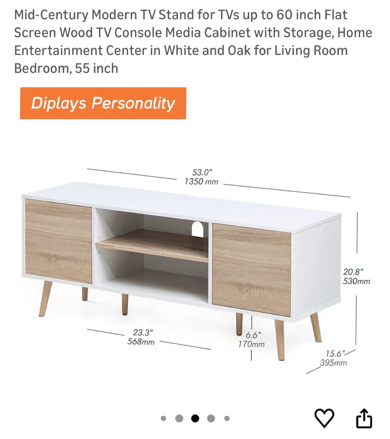 Mid-Century Modern White/Oak TV Stand - 53 inch