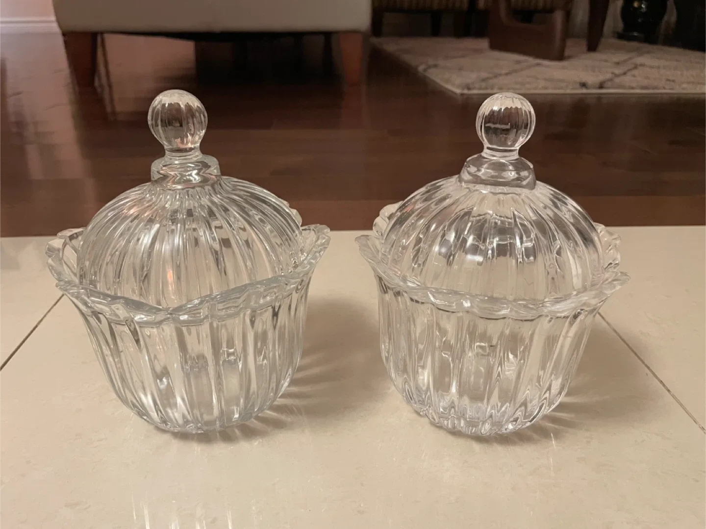 Pair of Clear Glass Candy Dishes with Lids