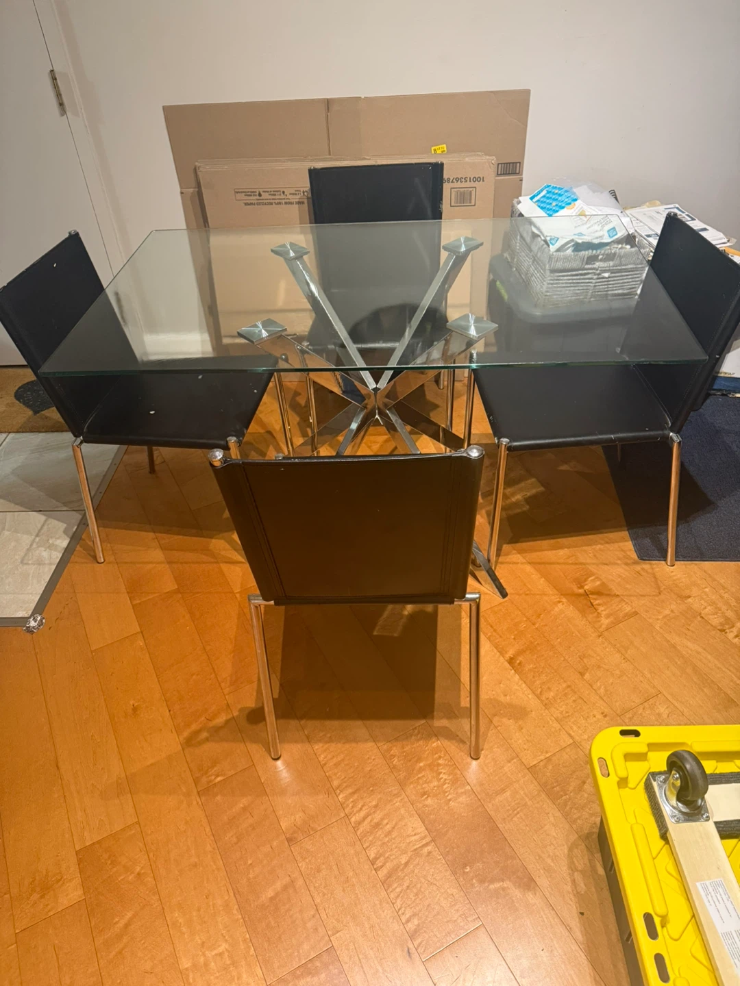 Glass Top Dining Table with 4 Black Chairs