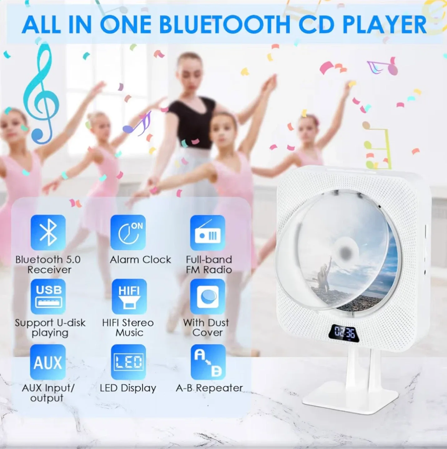 Portable CD Player Bluetooth FM Radio, Wall Mountable image indicator(6)