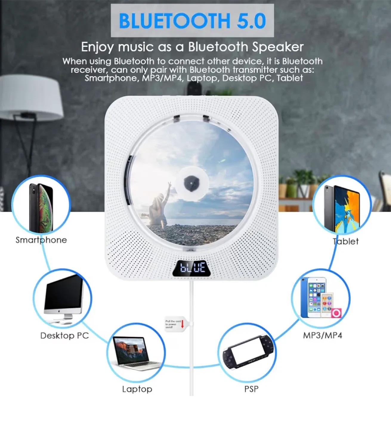 Portable CD Player Bluetooth FM Radio, Wall Mountable image indicator(7)