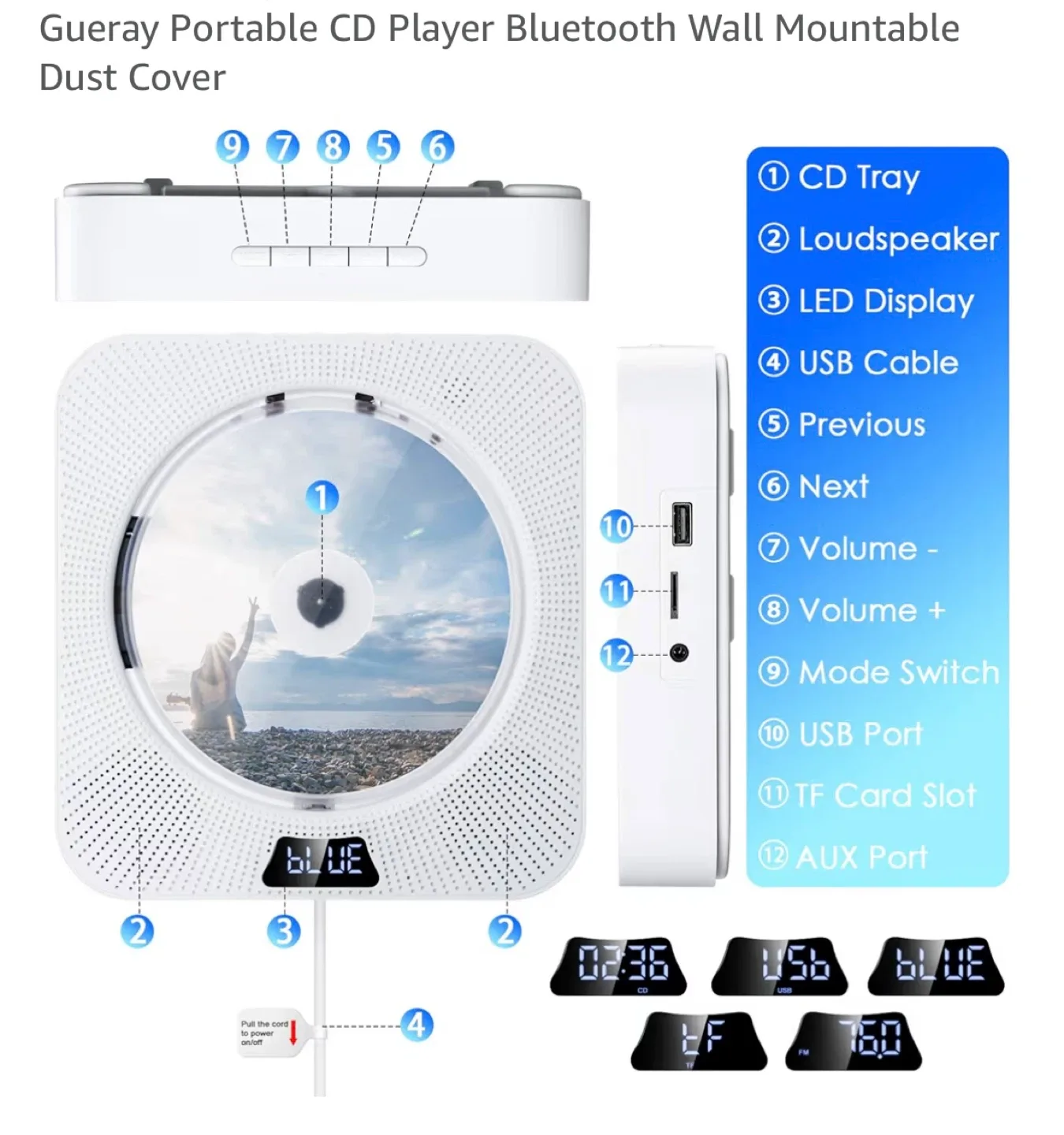 Portable CD Player Bluetooth FM Radio, Wall Mountable image indicator(8)