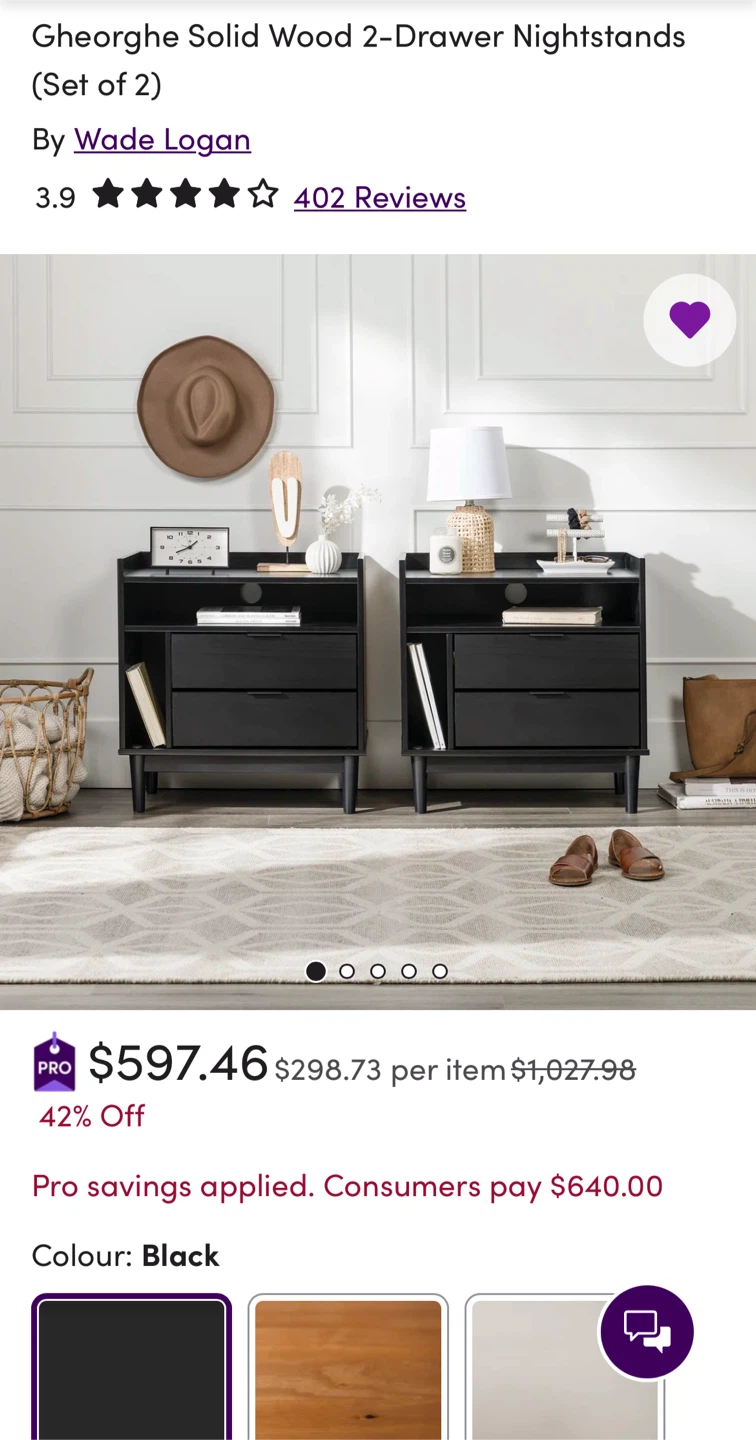 Gheorghe Solid Wood 2-Drawer Nightstand - Black - photo 2