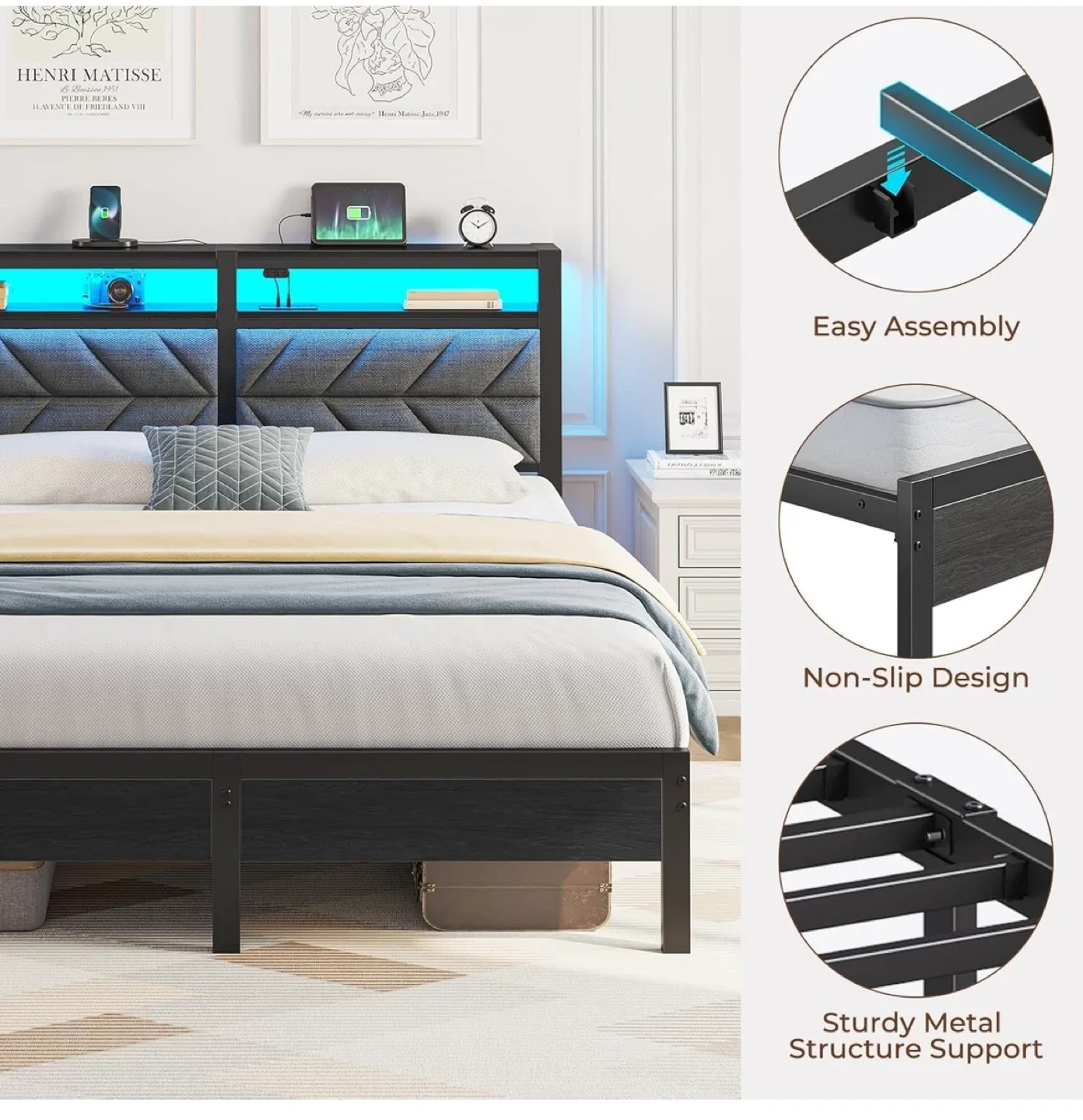 Queen Size Bed Frame with RGB LED Lights