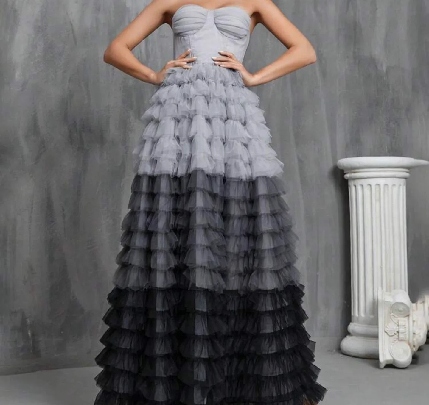 Grey Ruffle Layered Tulle Dress🥕 image indicator(3)