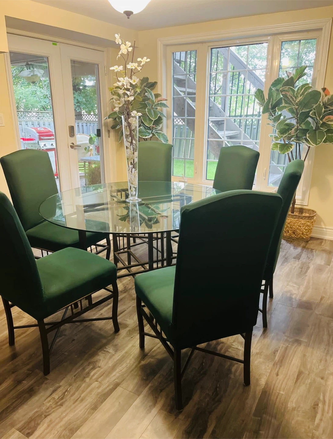 Glass Round Dining Table with 6 Green Chairs