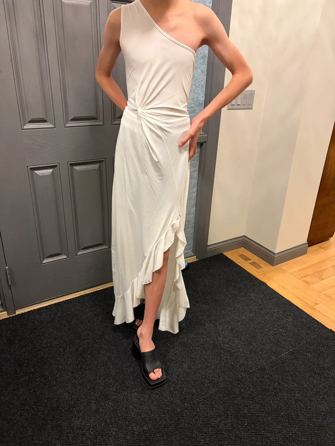 White Maxi Dress off shoulder Ruched Ruffle Evening Dress - XL image indicator(6)