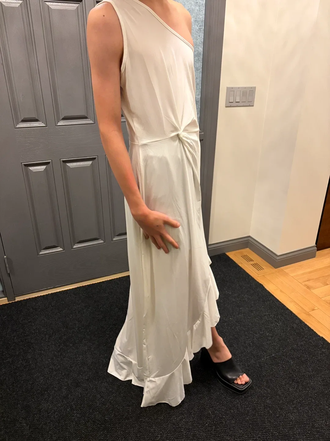 White Maxi Dress off shoulder Ruched Ruffle Evening Dress - XL image indicator(7)