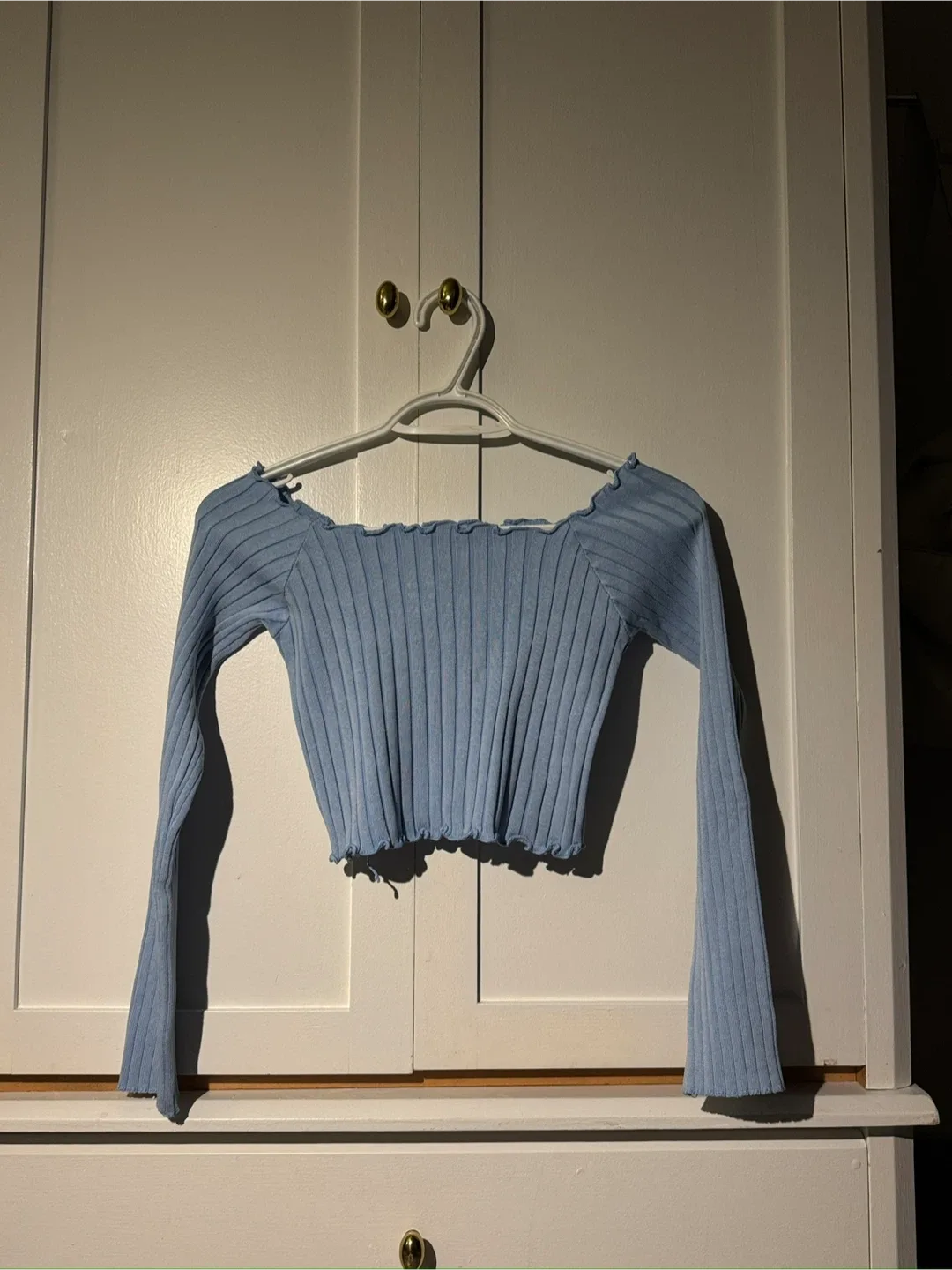 Blue Ribbed Off-the-Shoulder Crop Top