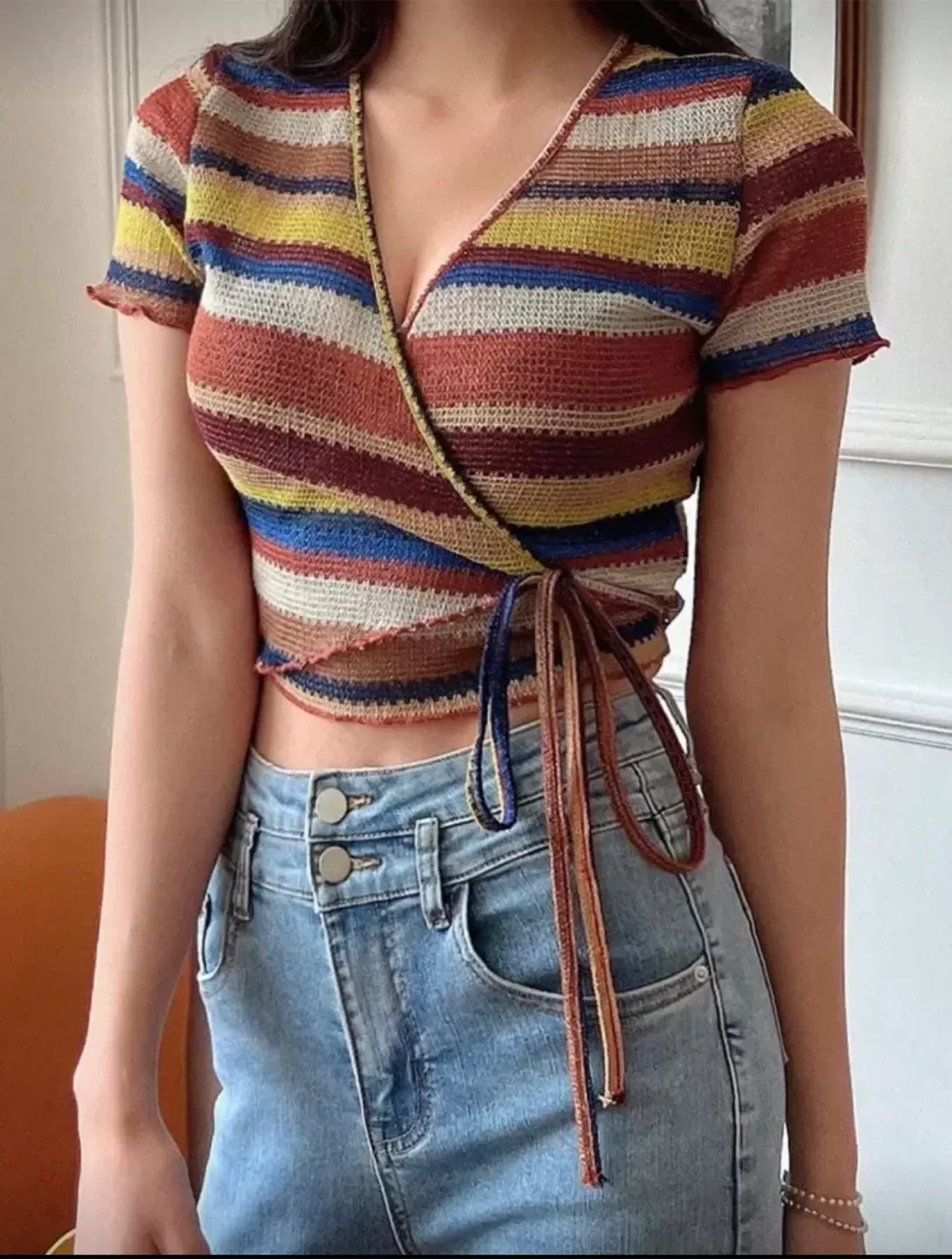Striped Wrap Crop Top image indicator(3)