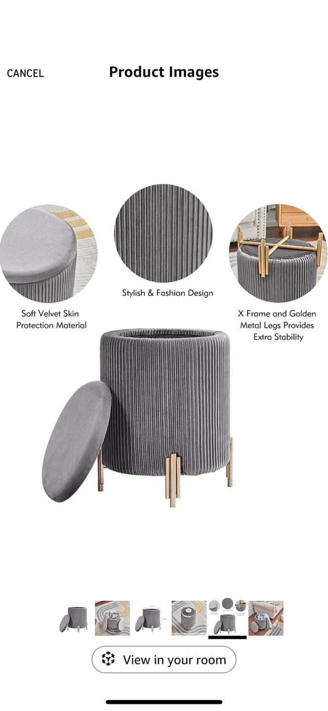Gray Velvet Storage Ottoman Stool image indicator(5)
