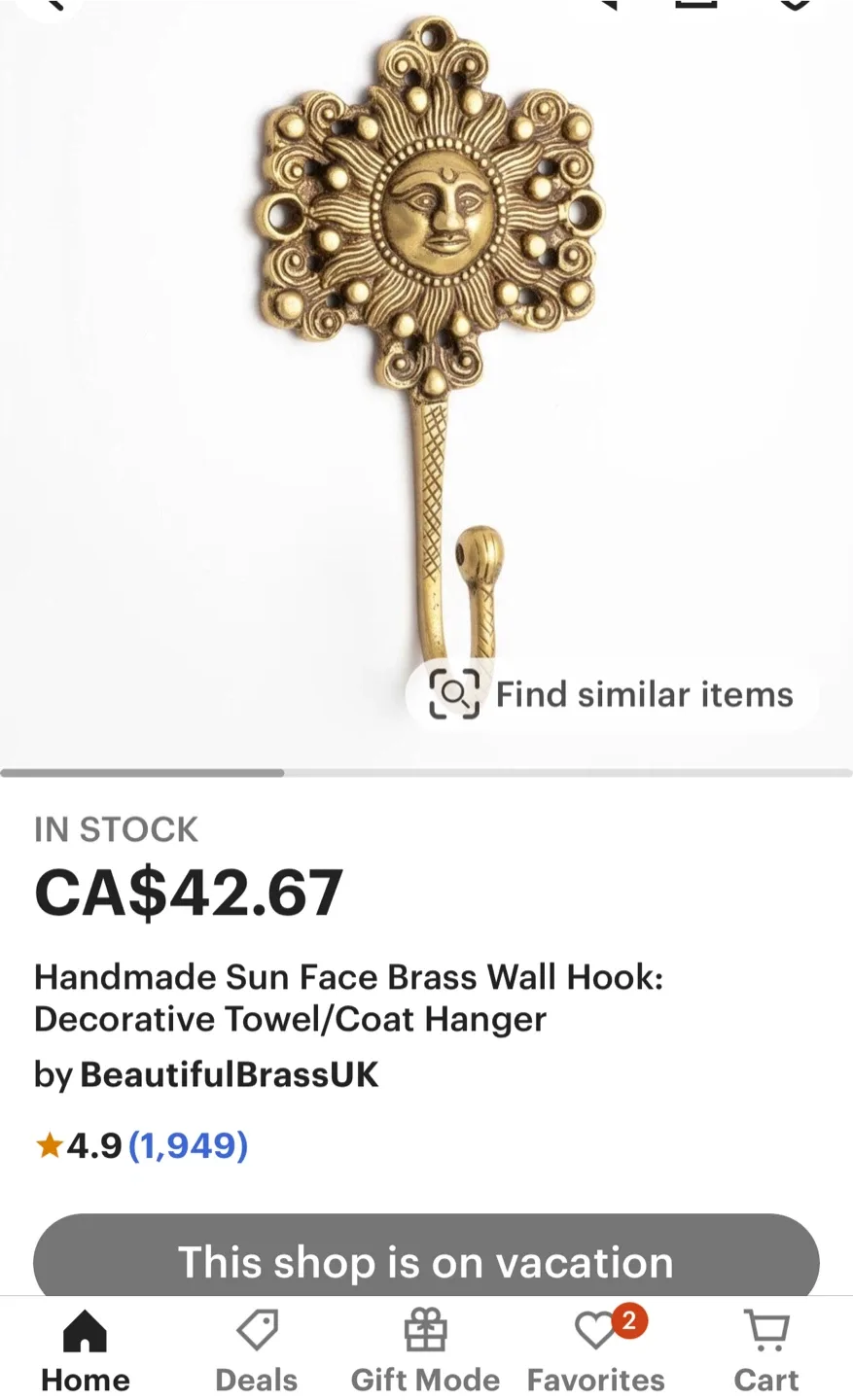 Brass Sun Face Wall Hook - Decorative Hanger image indicator(4)