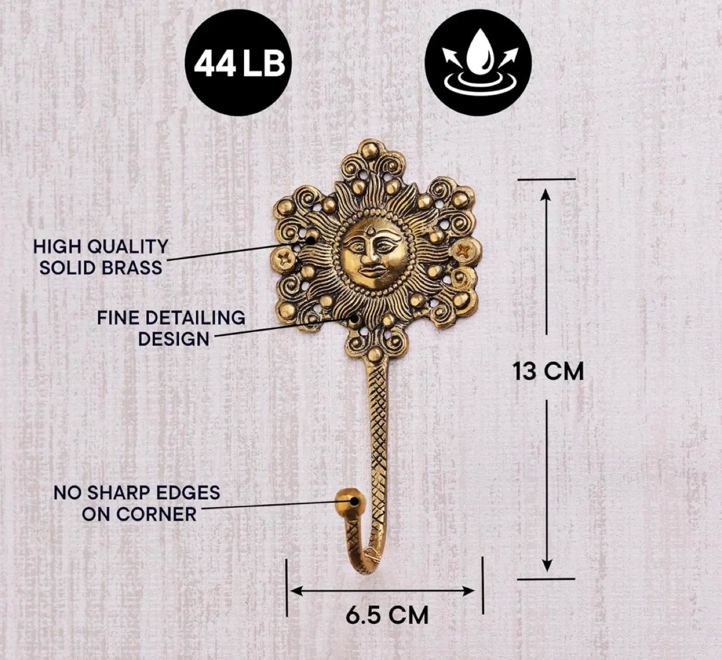 Brass Sun Face Wall Hook - Decorative Hanger image indicator(5)