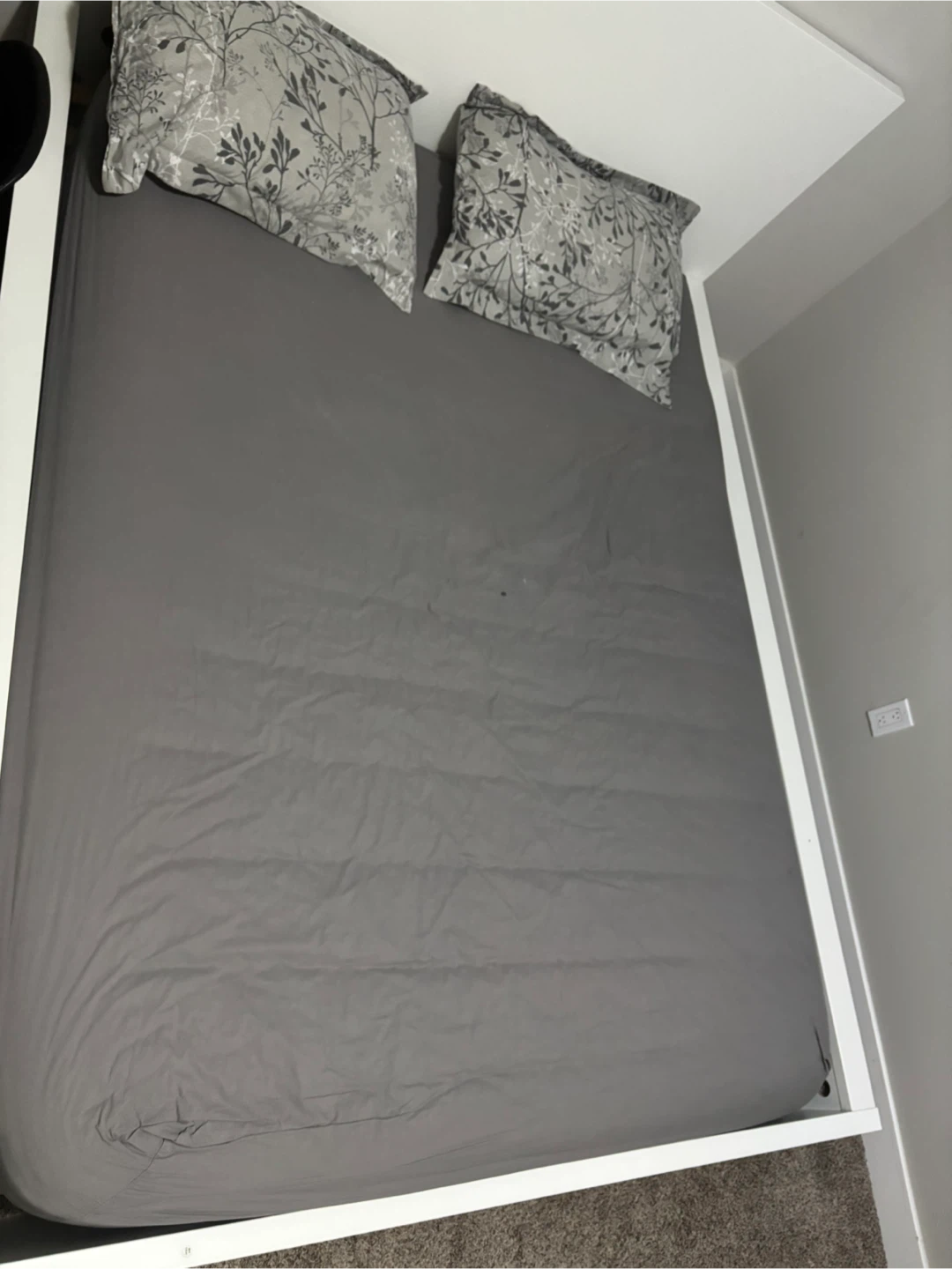 White Bed Frame with Grey Bedding & Floral Pillows - photo 5