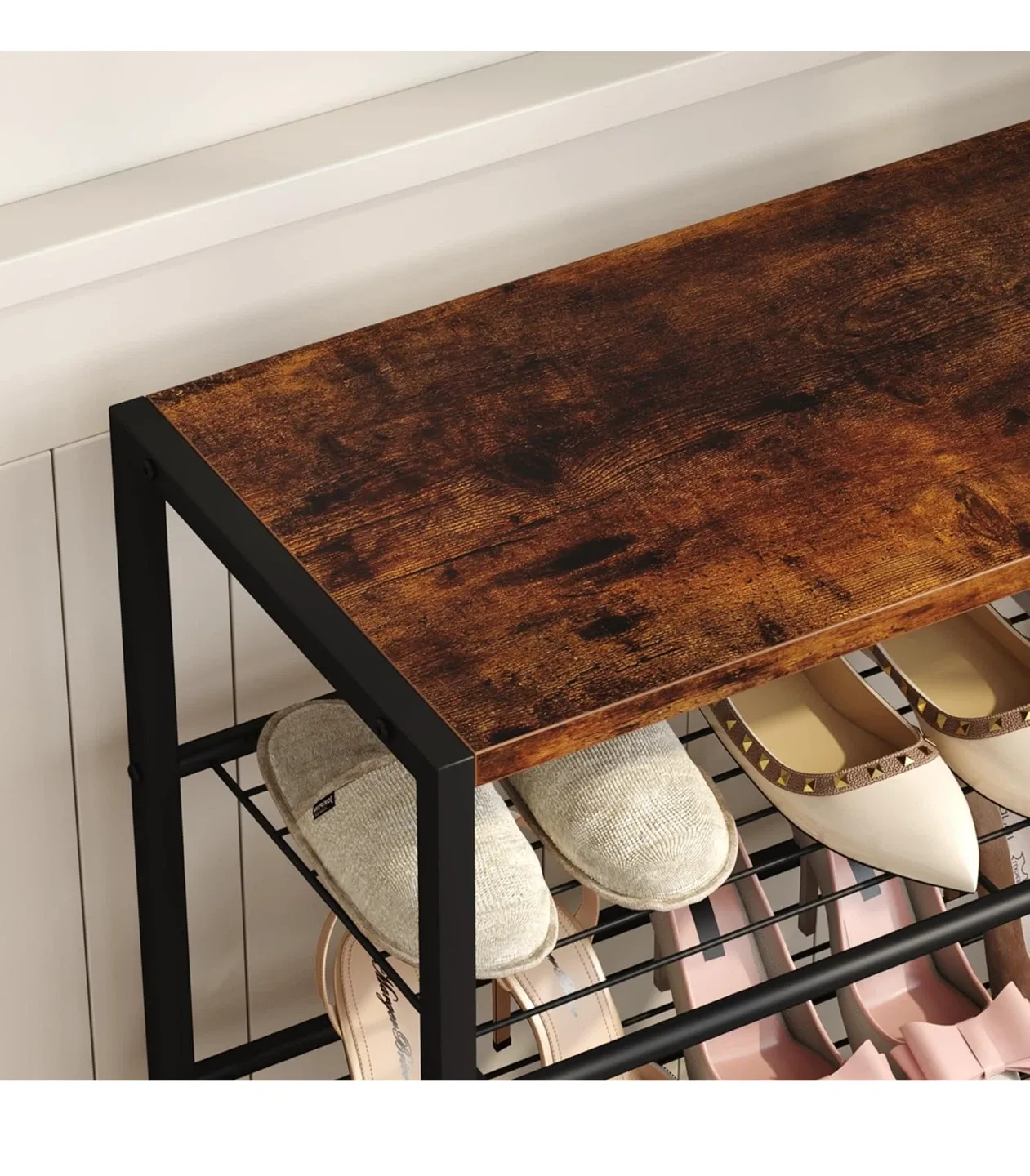 Rustic Brown & Black Metal Shoe Rack/Bench image indicator(6)