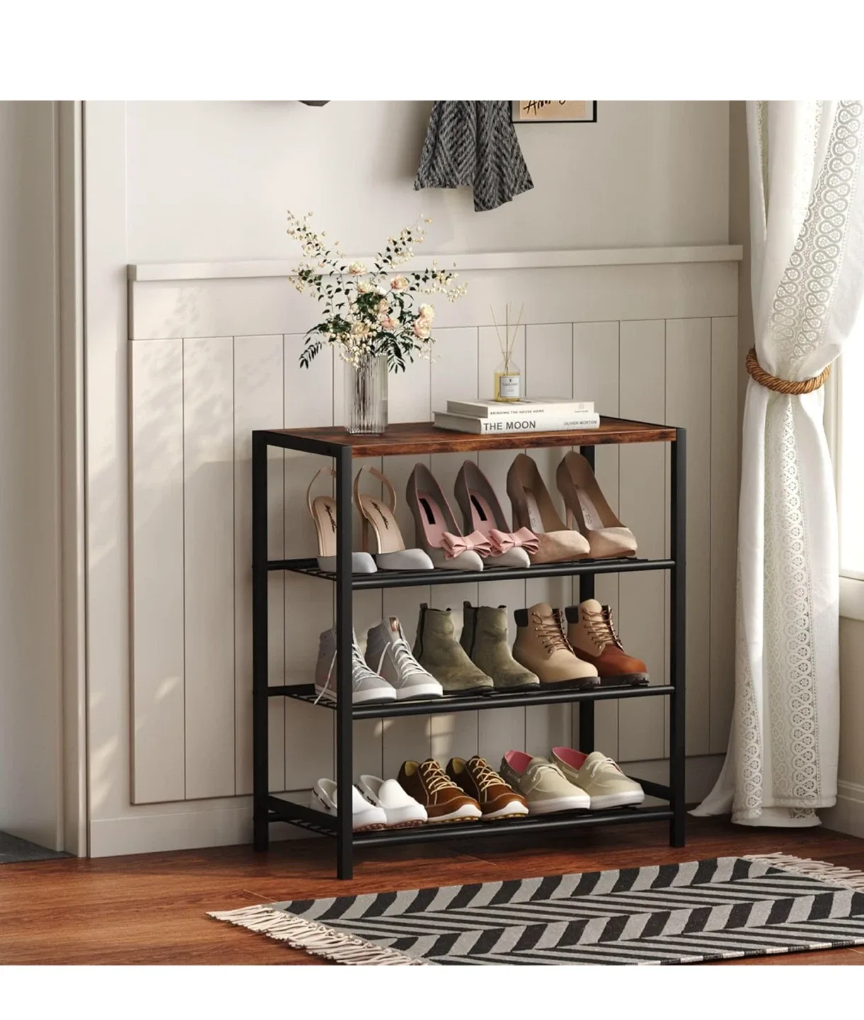 Rustic Brown & Black Metal Shoe Rack/Bench image indicator(4)