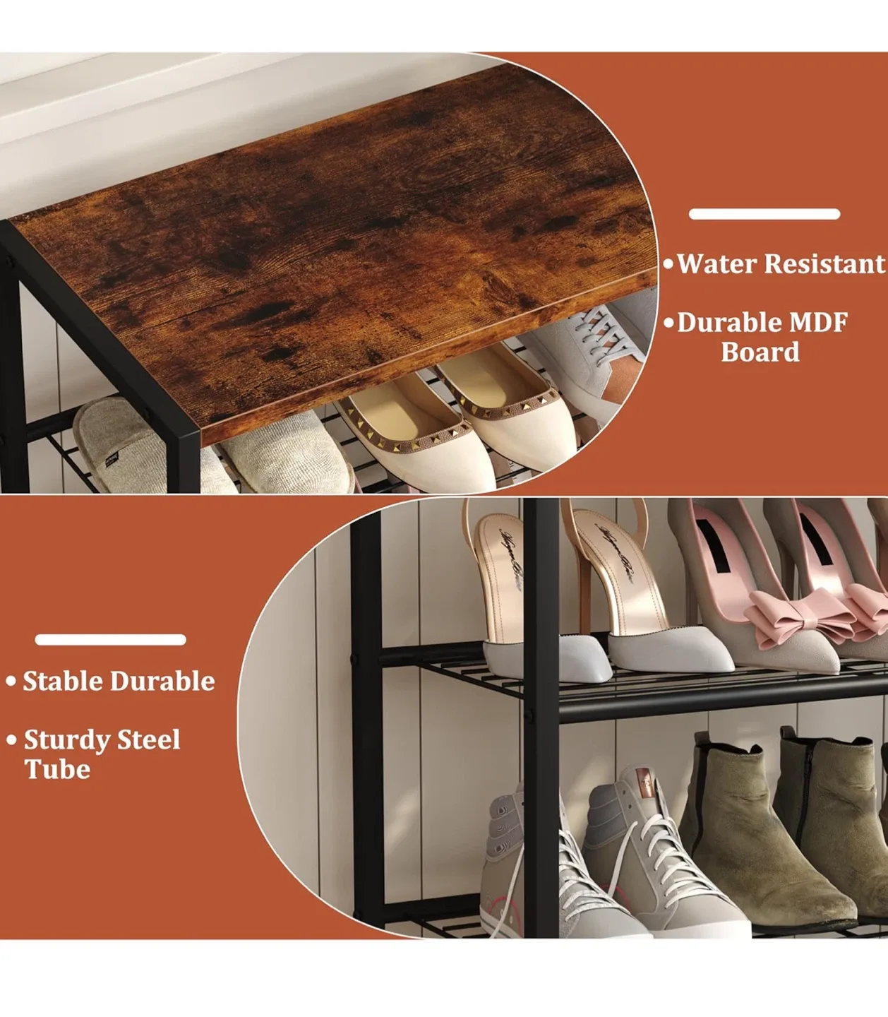 Rustic Brown & Black Metal Shoe Rack/Bench image indicator(5)