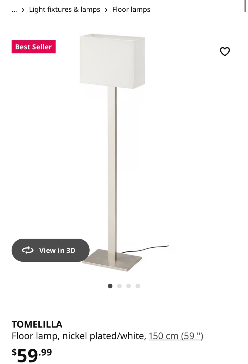 IKEA TOMELILLA Floor Lamp - Nickel Plated/White - photo 2