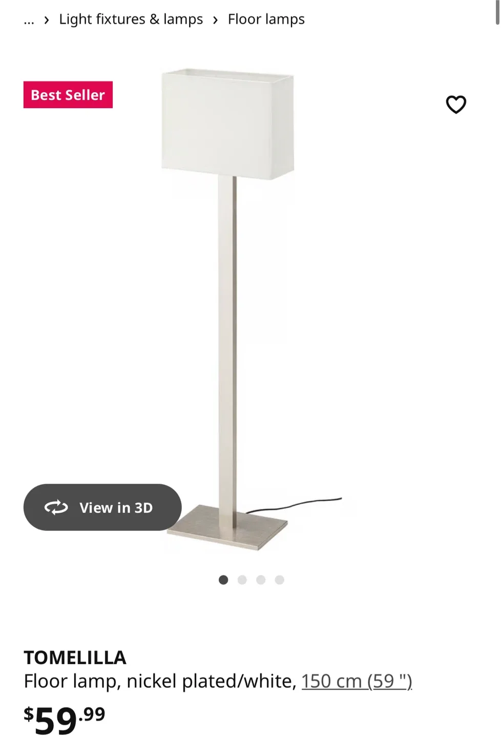 IKEA TOMELILLA Floor Lamp - Nickel Plated/White image indicator(2)