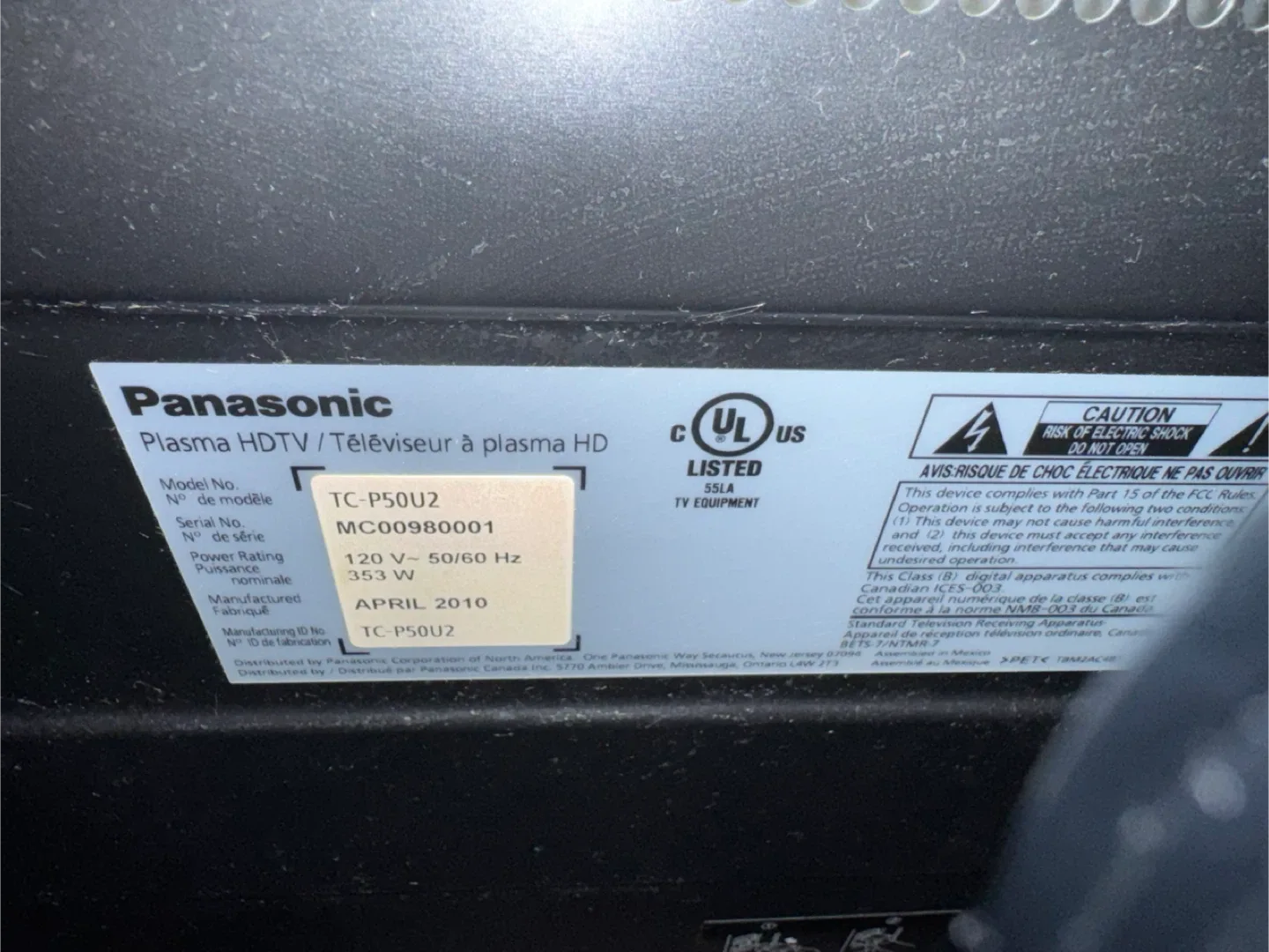 Panasonic TC-P50U2 50" Plasma TV image indicator(2)