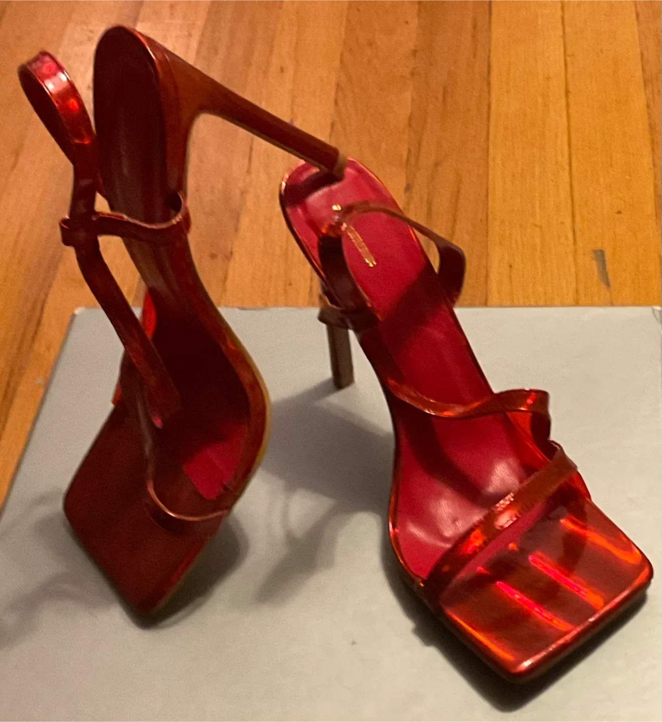 New Pretty Little Thing Red Patent Square Toe Holographic Heel