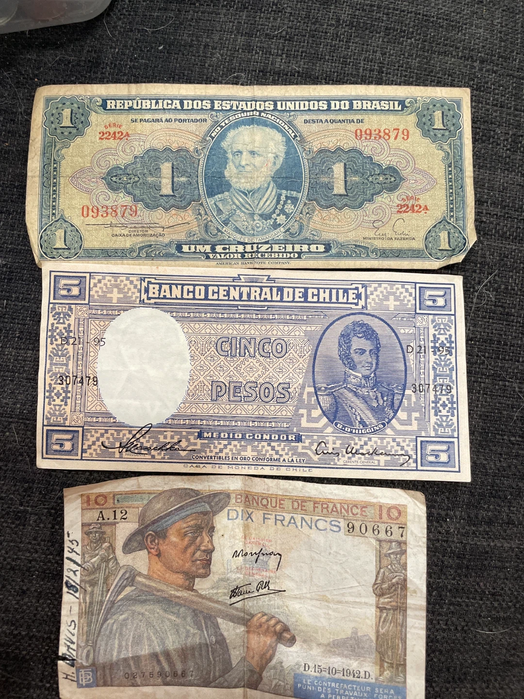 Vintage Bank Notes - Brazil, Chile, France