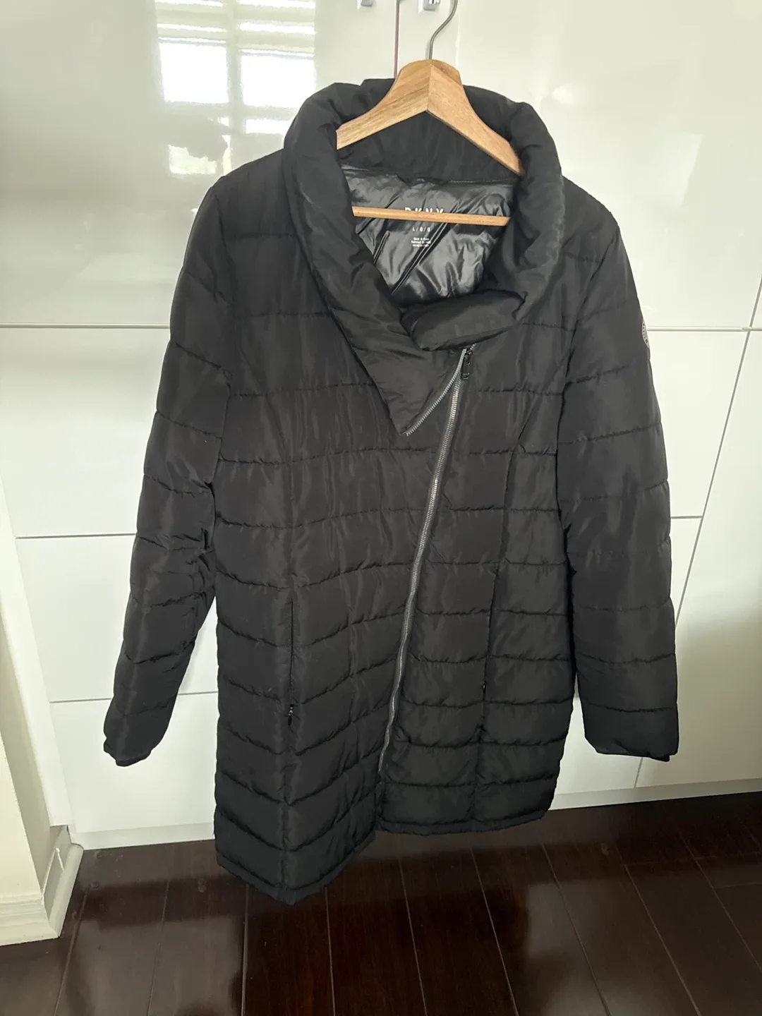 DKNY Black Puffer Coat - Size L image indicator(2)