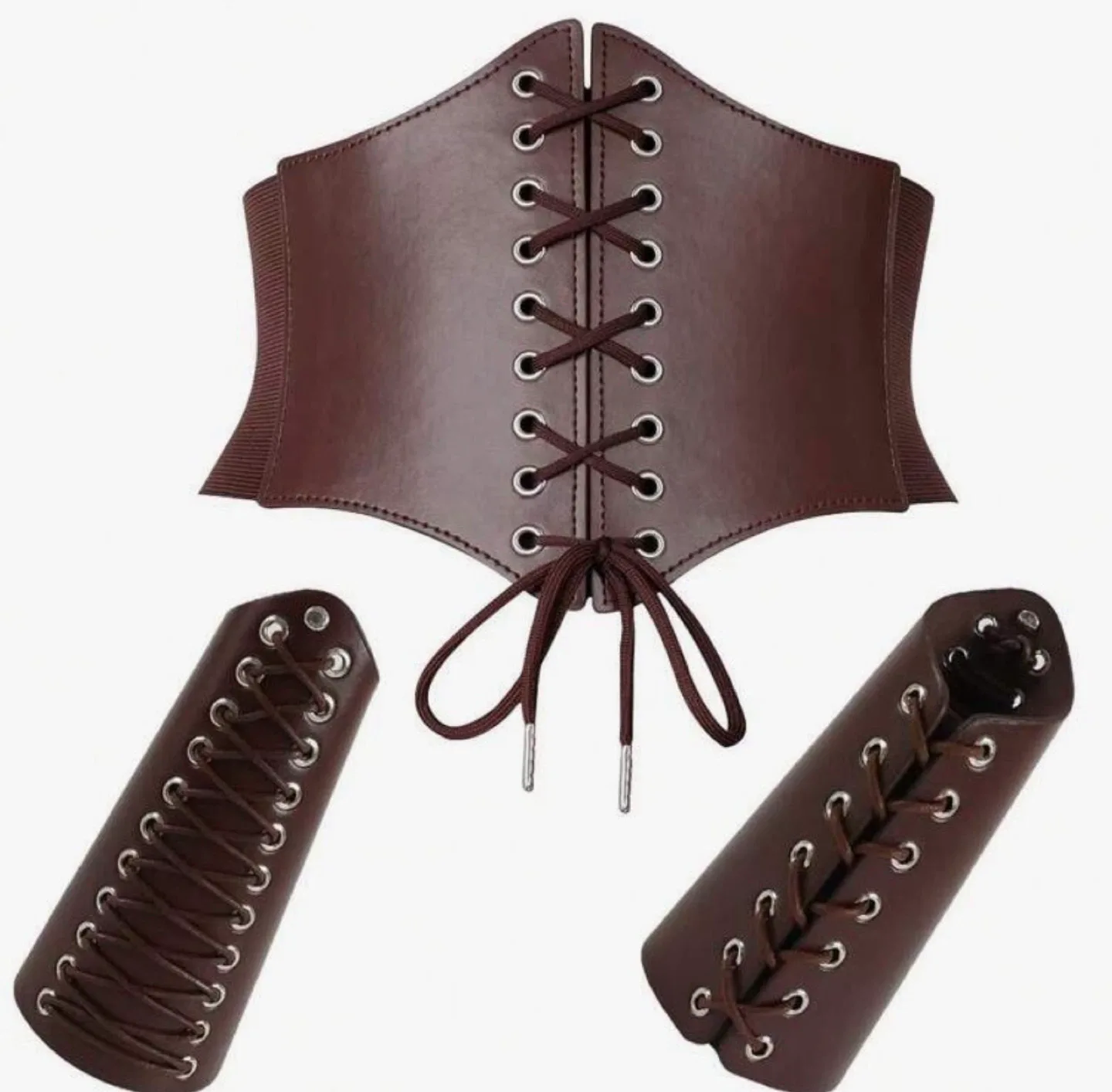 Brown Leather Corset Belt & Arm Cuffs Set
