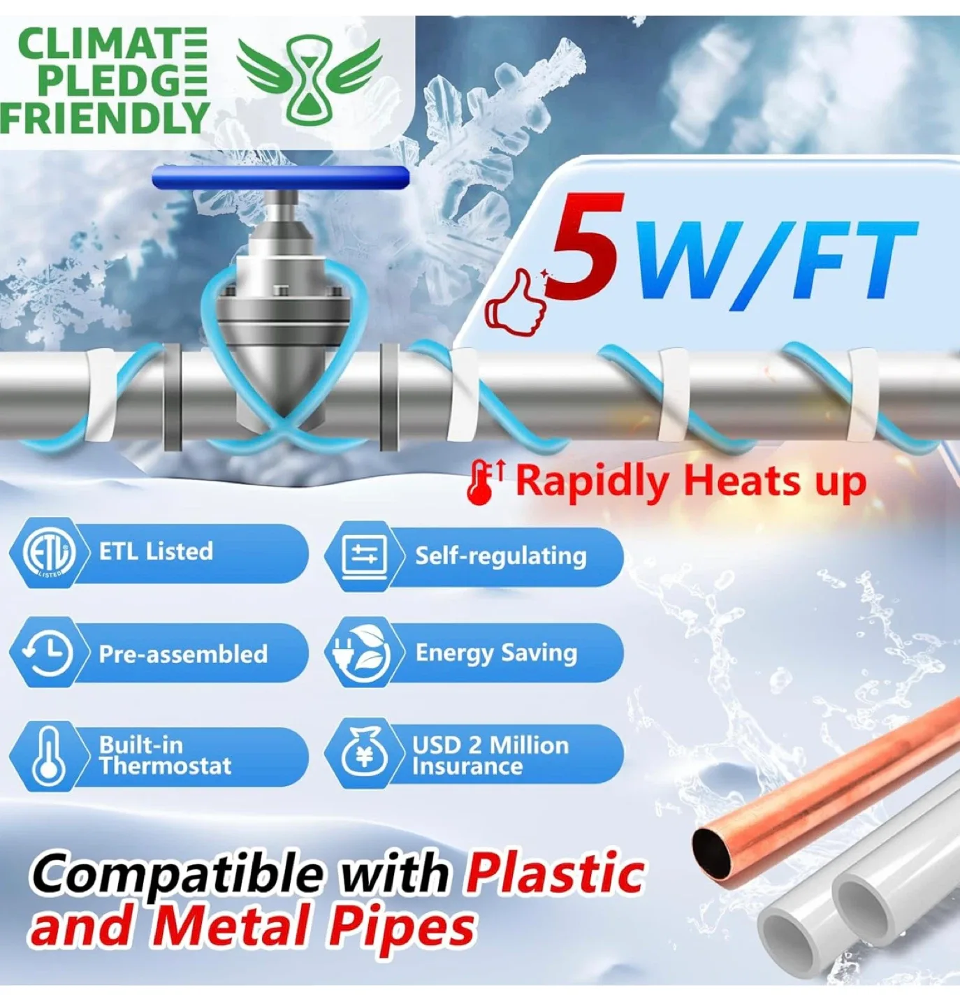 HEATIT 5JHSF 120Ft Heat Trace Cable for Pipes, Heat Tape, New image indicator(4)