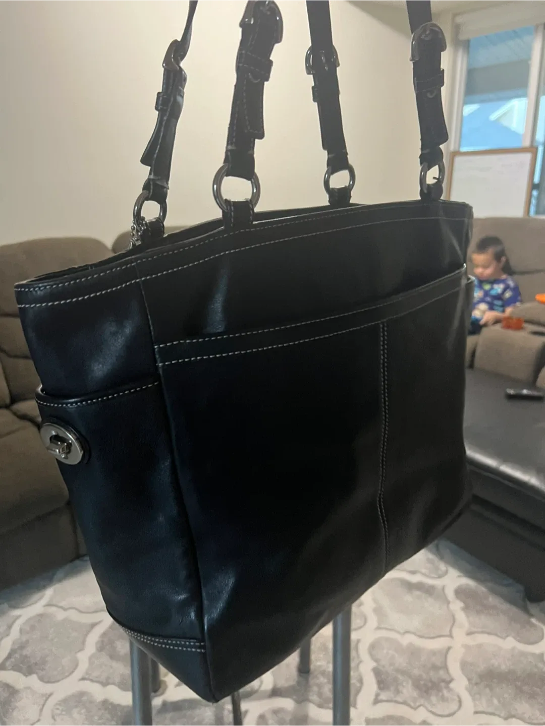 Coach Black Leather Tote Bag/free delivery image indicator(5)