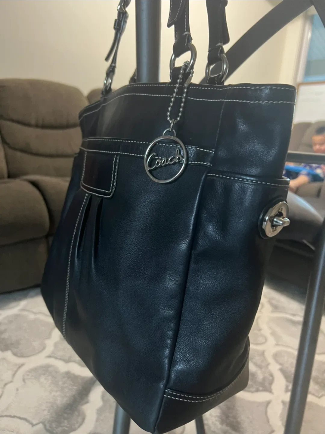Coach Black Leather Tote Bag/free delivery image indicator(4)