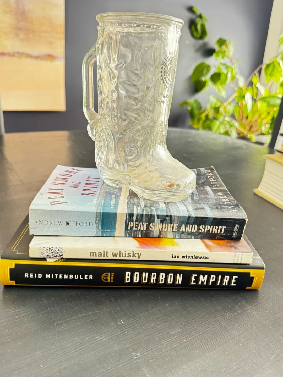 Boot Shaped Glass Mug & books on Bourbon