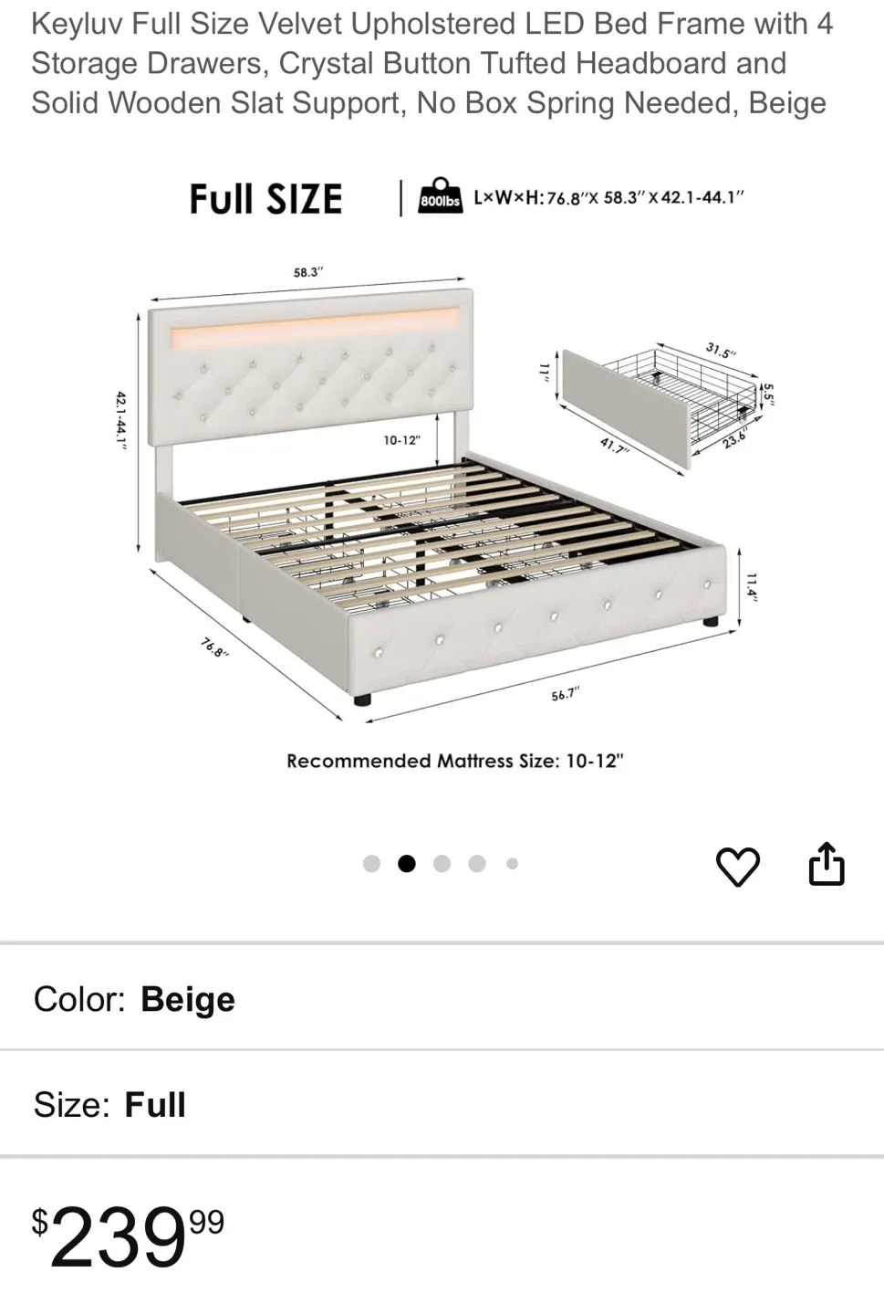 Keyluv Full Size Beige Bed Frame w/ Storage