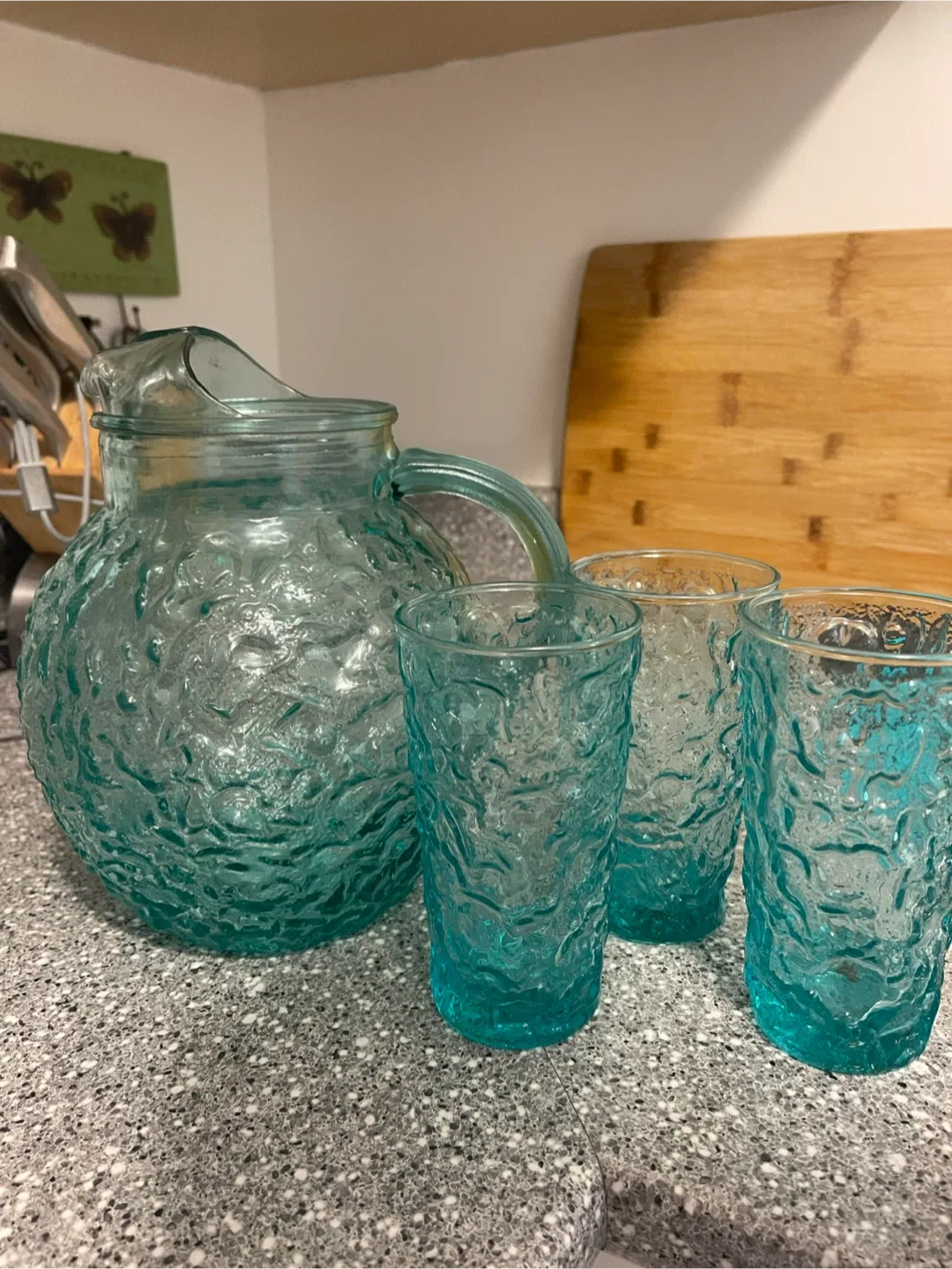 Vintage Textured Glass Pitcher & 4 Glasses