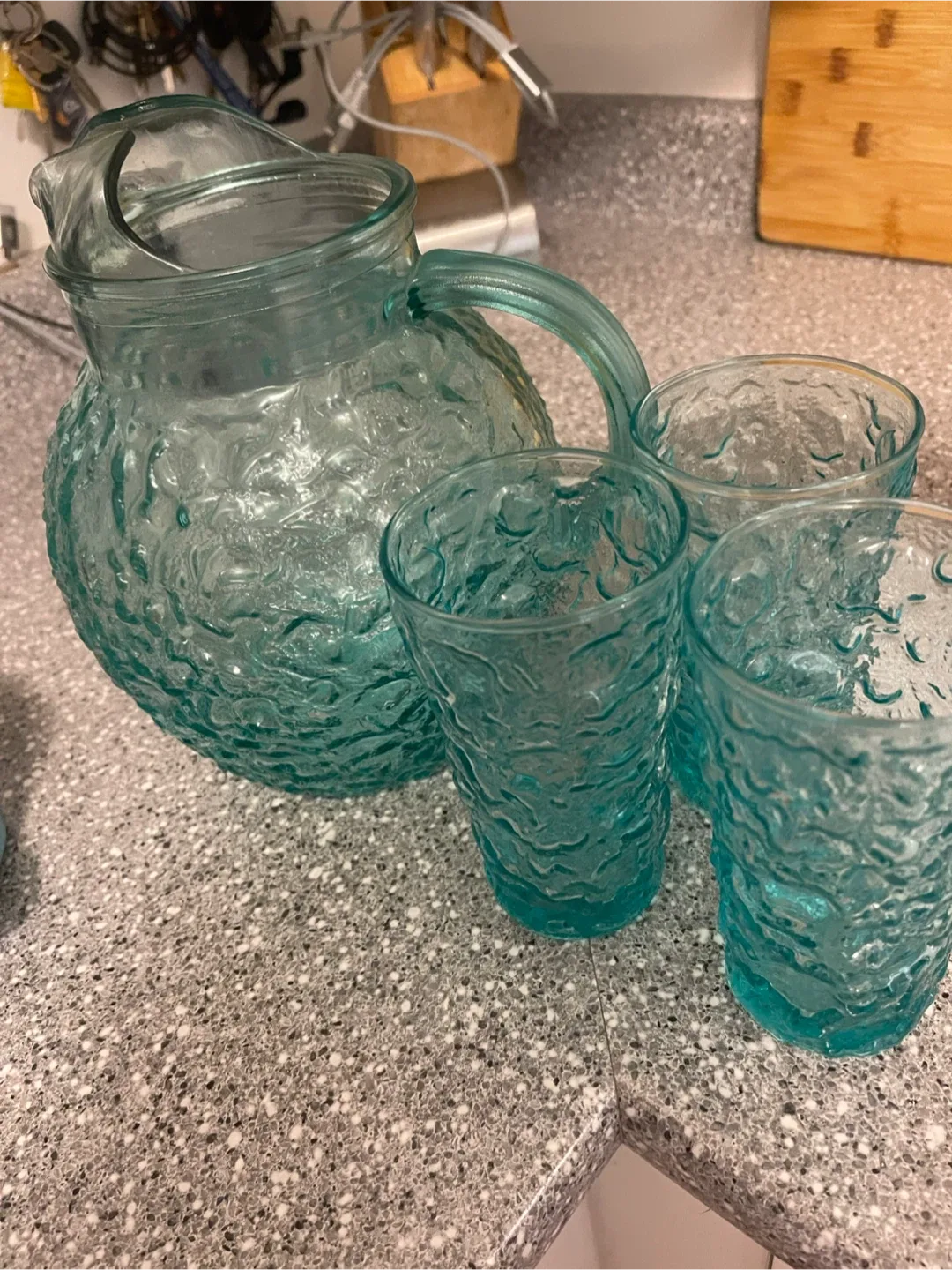 Vintage Textured Glass Pitcher & 4 Glasses image indicator(2)