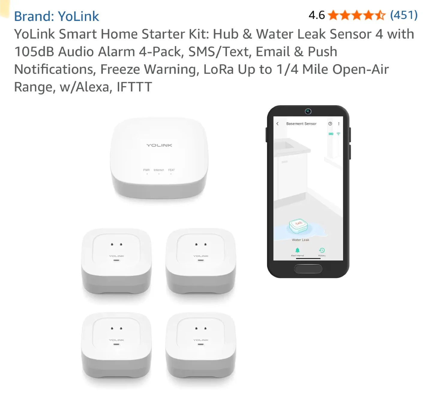 YoLink Smart Home Water Leak Sensor 4 sensor 1 hub