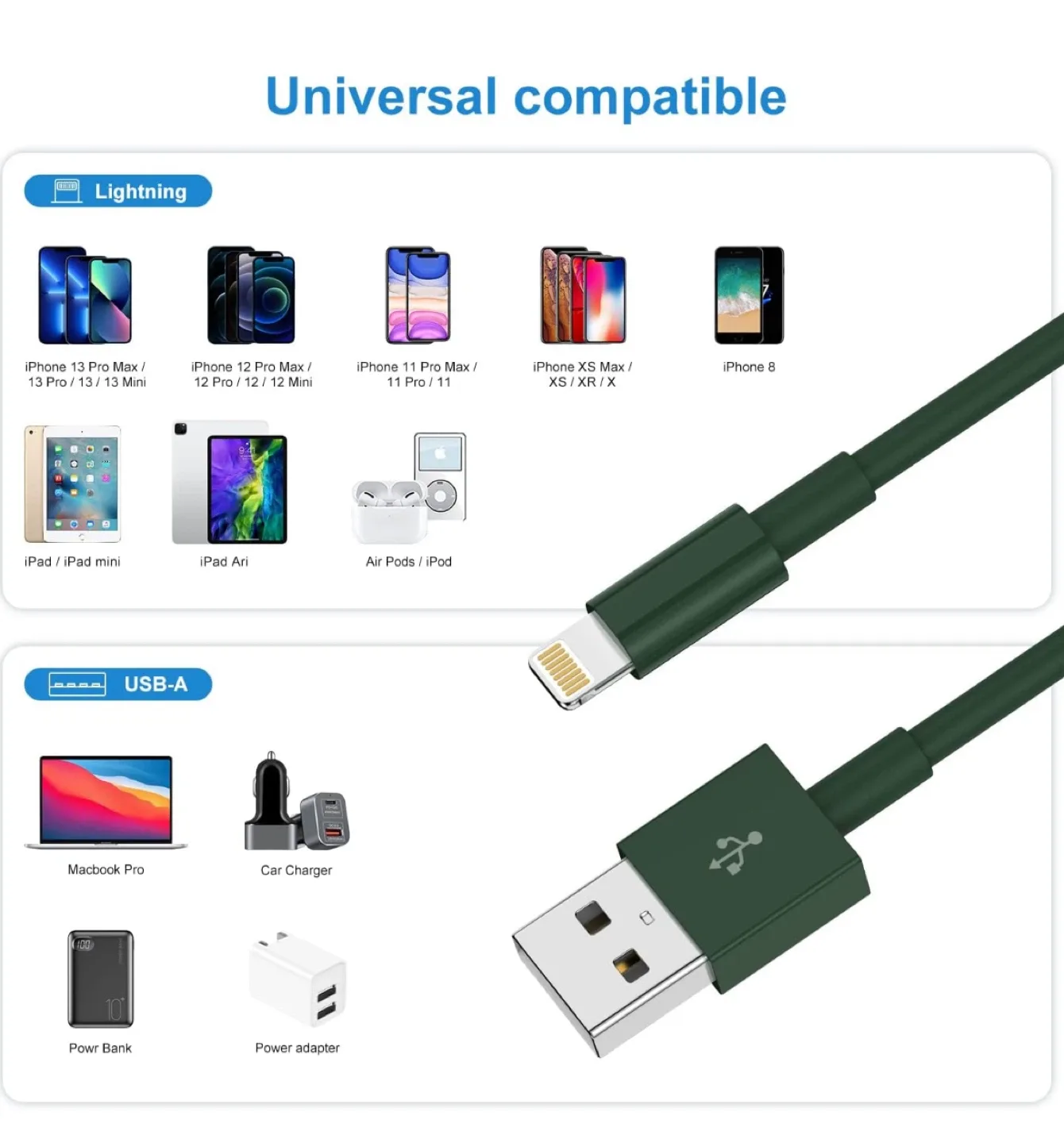 🥕Preowned Green iPhone charger cord USB to Lightning Cable iPad image indicator(3)