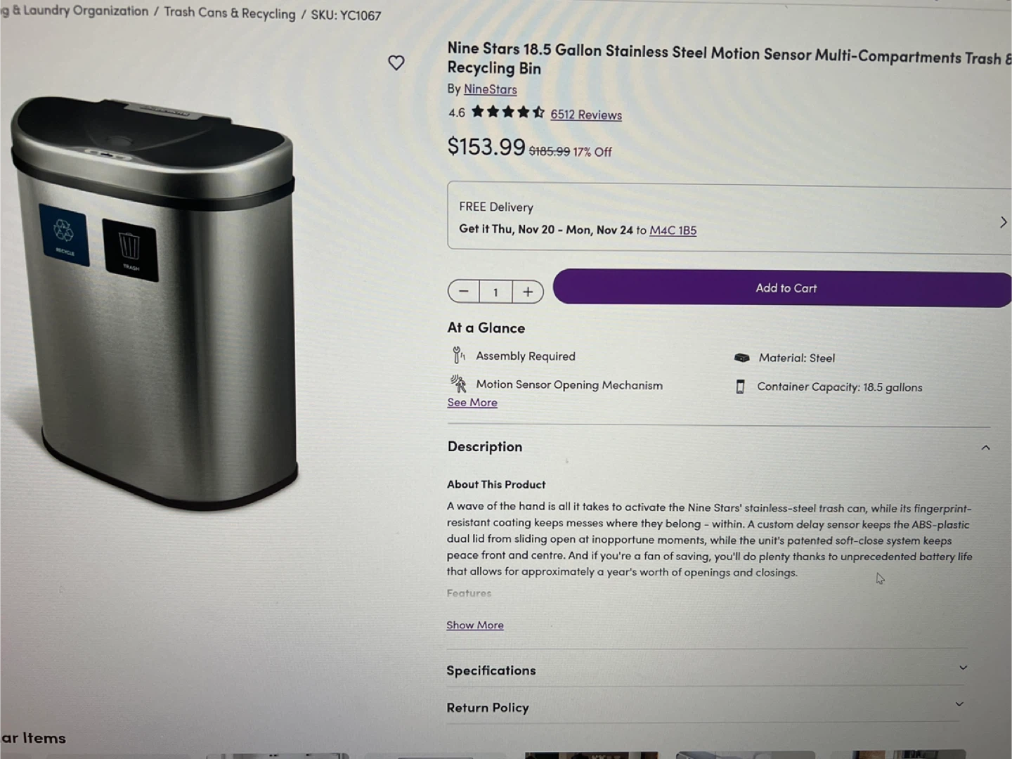 Nine Stars 18.5 Gallon Motion Sensor Recycling Bin - photo 4